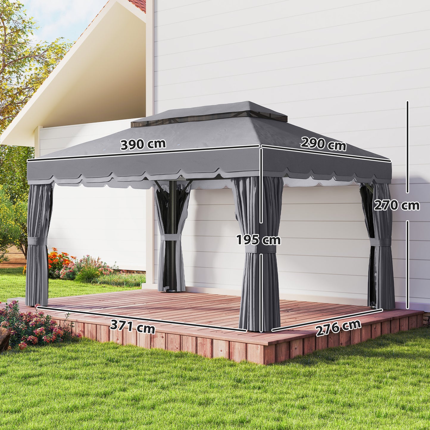 Outsunny Cenador Para Jardín 4x3 M Con Doble Techo Y Paredes Laterales Gris_2