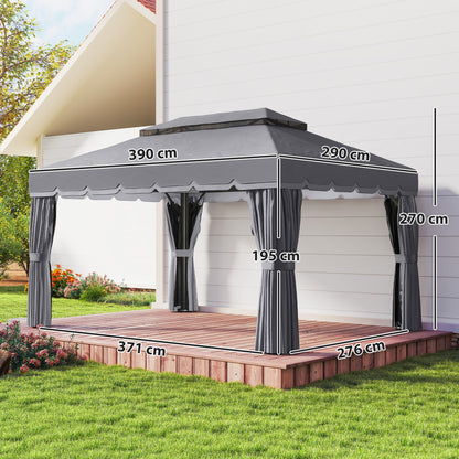 Outsunny Cenador Para Jardín 4x3 M Con Doble Techo Y Paredes Laterales Gris_2