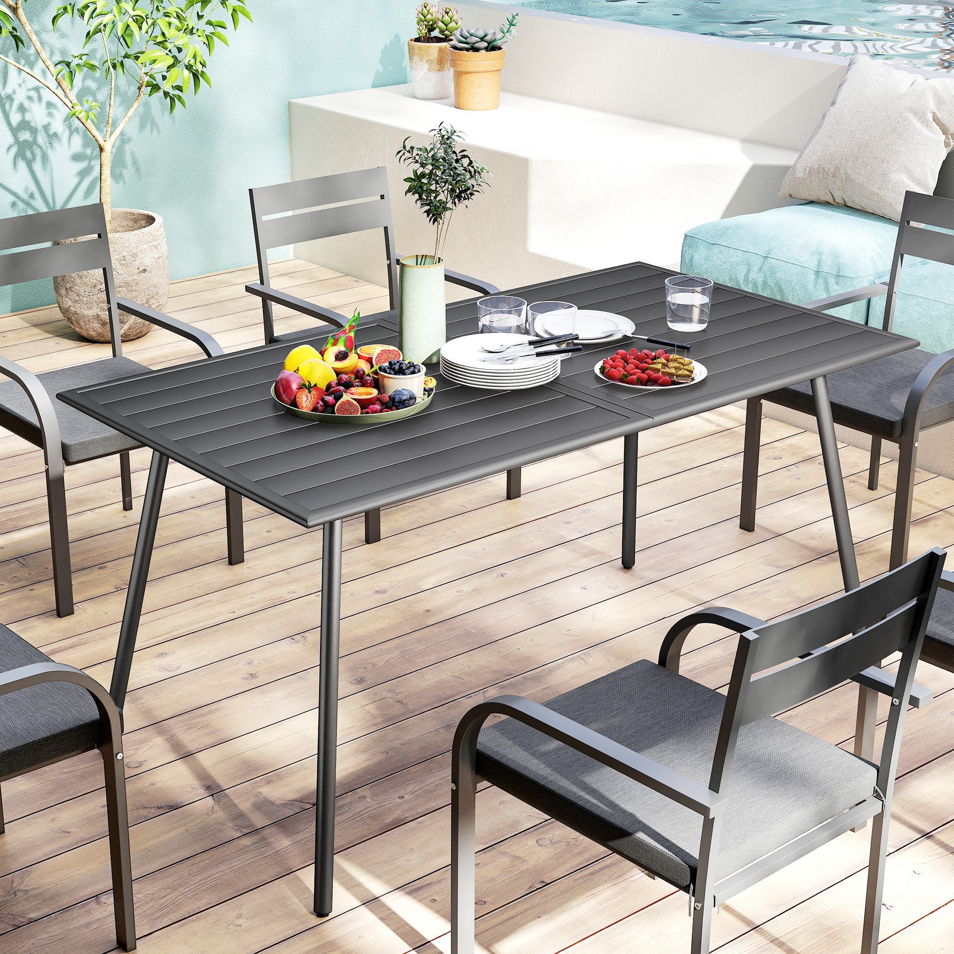 Outsunny Mesa Jardín Exterior Rectangular De Acero 150x80x74 Cm Gris Oscuro_4