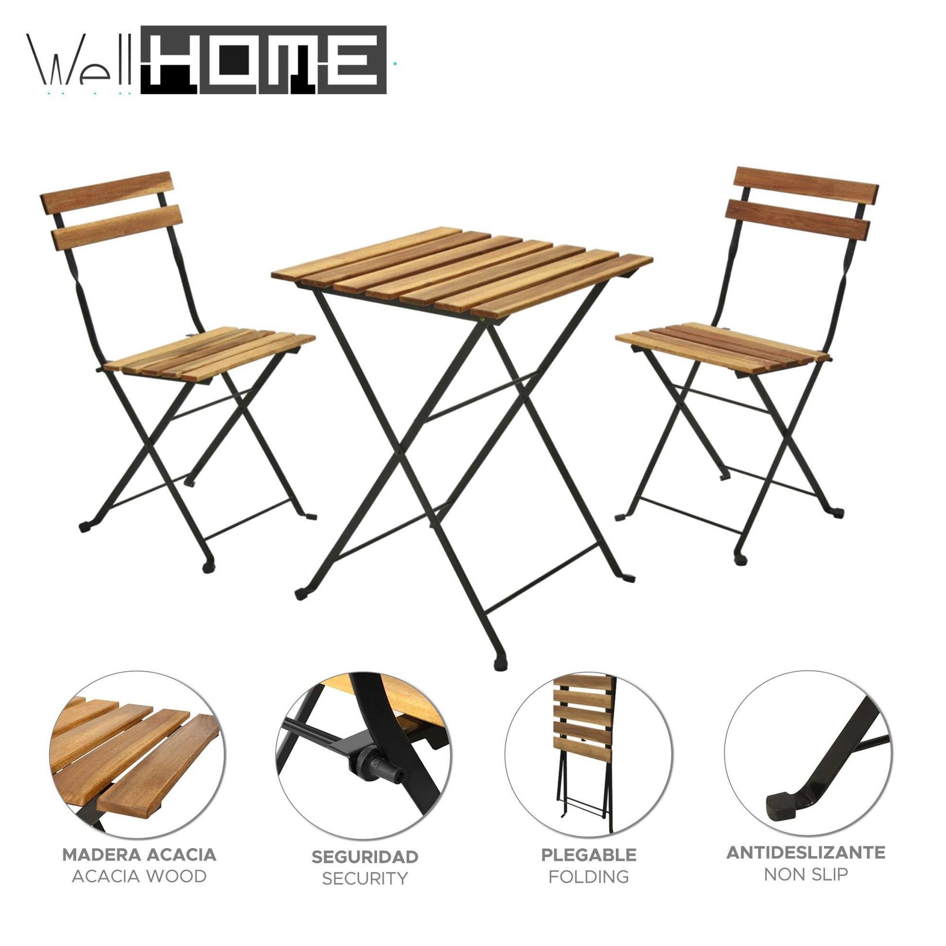 Well Home - Juego 'bistro' Mesa Y 2 Sillas En Madera Y Acero Negro_1