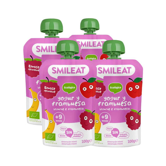 Embalagem de 4 saquetas de iogurte biológico e framboesa Smileat, 100 g