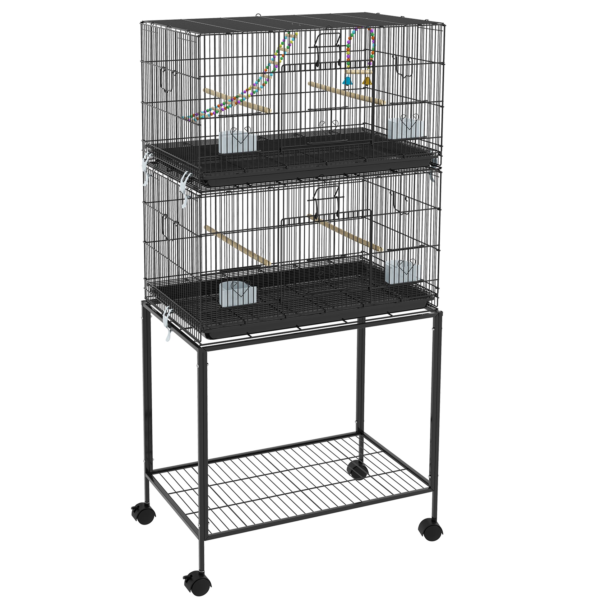 Pawhut Jaula Para Pájaros Doble Apilable 77x46x164 Cm Con Ruedas Negro_0