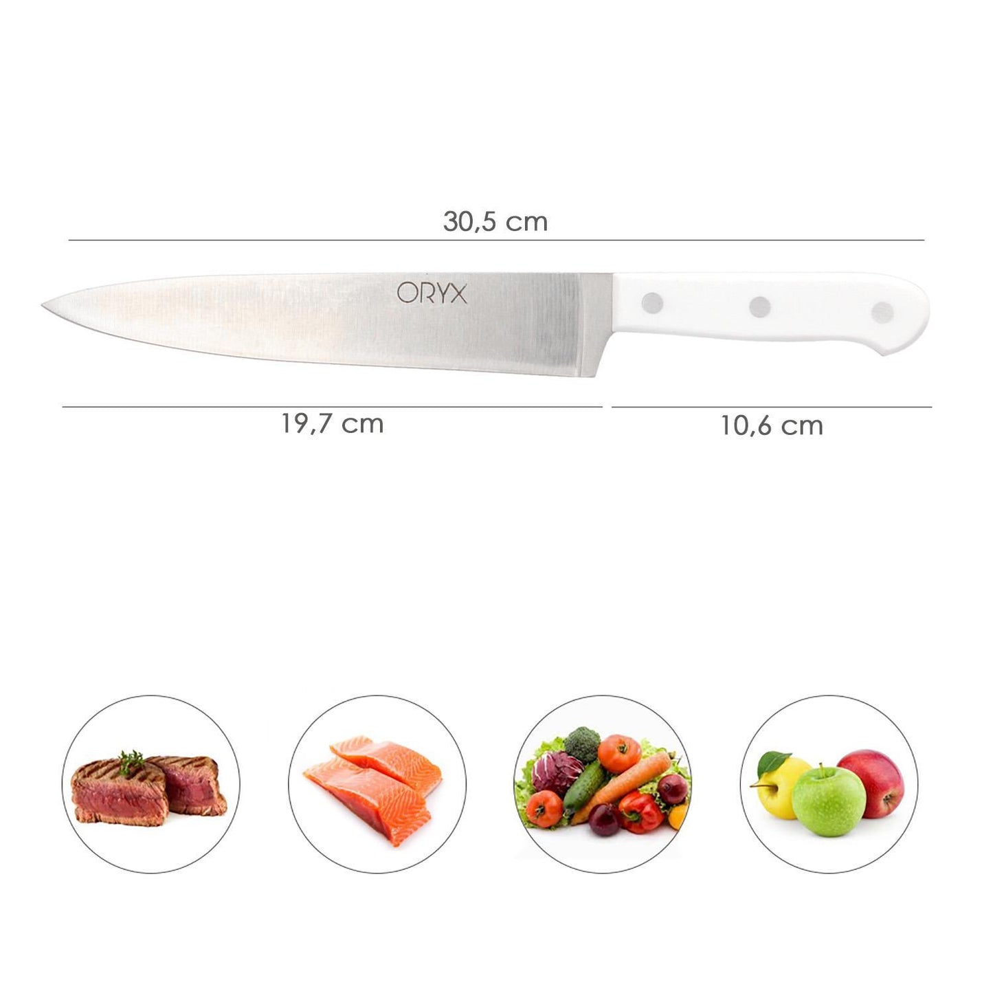 Cuchillo Husky Cocina 20 Cm. Hoja Acero Inoxidable, Cuchillo Carne, Cuchillo Pescado, Cuchillo Chef, Mango Ergonomico Blanco