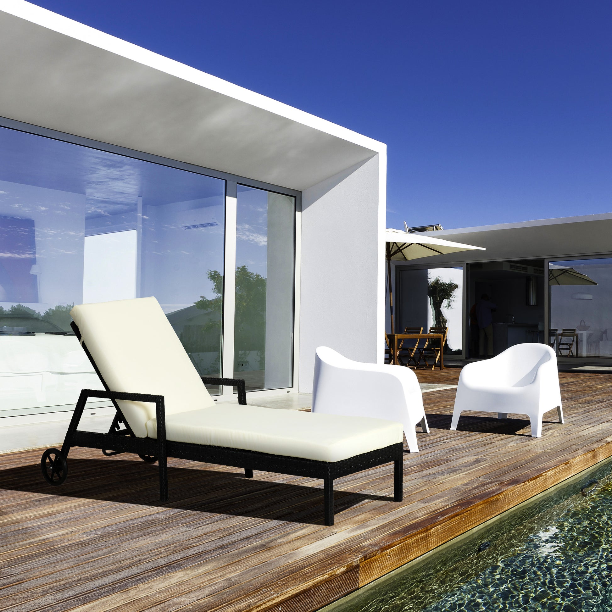 Outsunny Tumbona De Ratán Jardín Con Cojines Respaldo Ajustable Y 2 Ruedas Negro_1