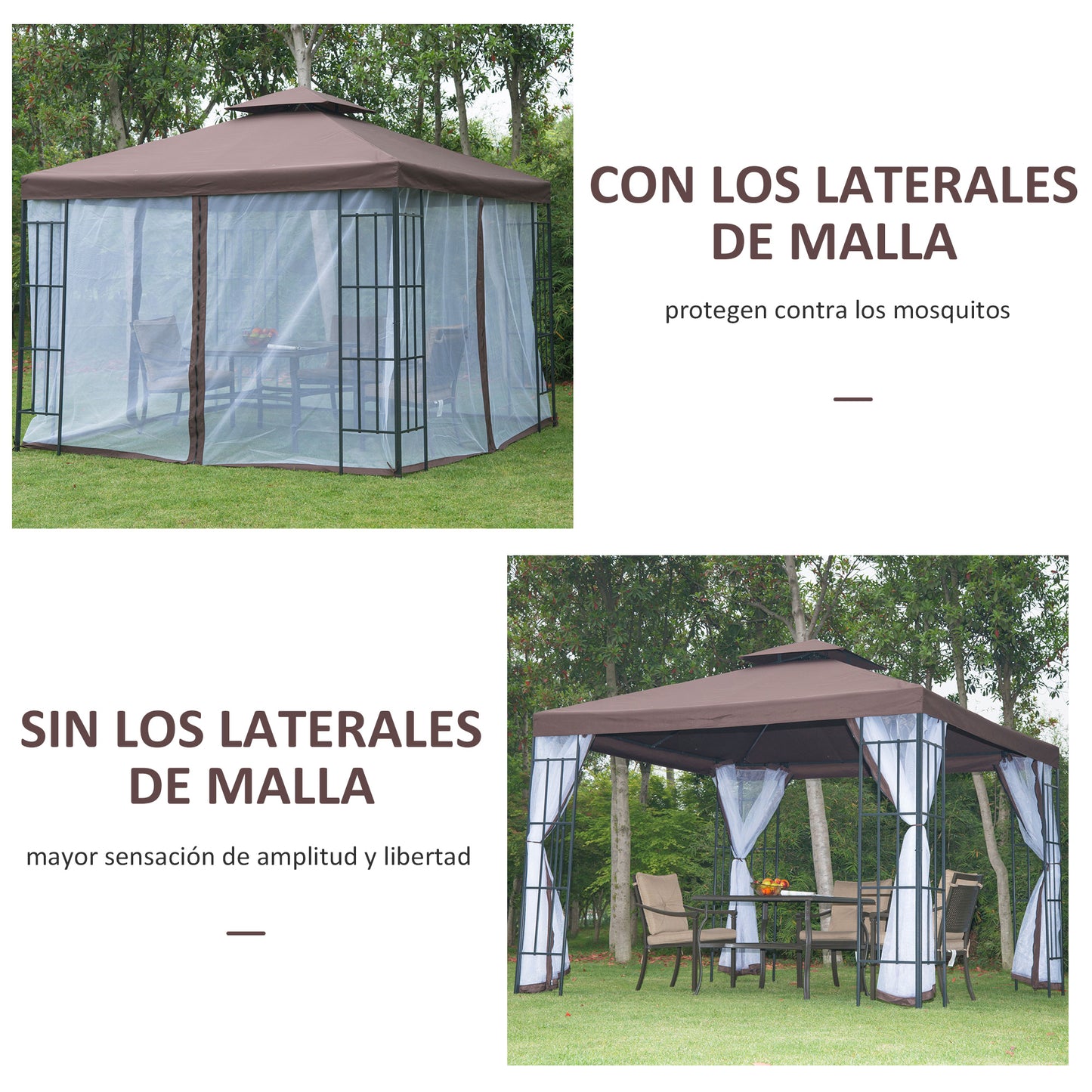 Outsunny Cenador De Jardín 3x3 M Con Doble Techo 4 Mosquiteras Para Fiestas Café_5