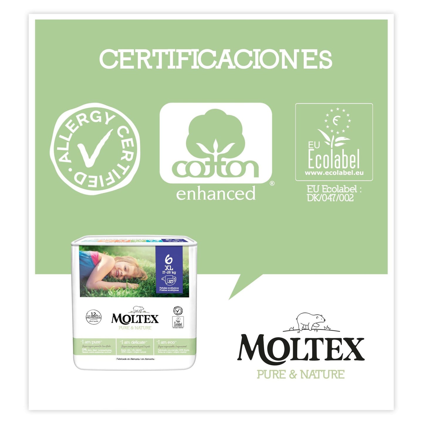 Fraldas Moltex Pure &amp; Nature T6 Embalagem Económica (17-28 kg), 140 Unidades