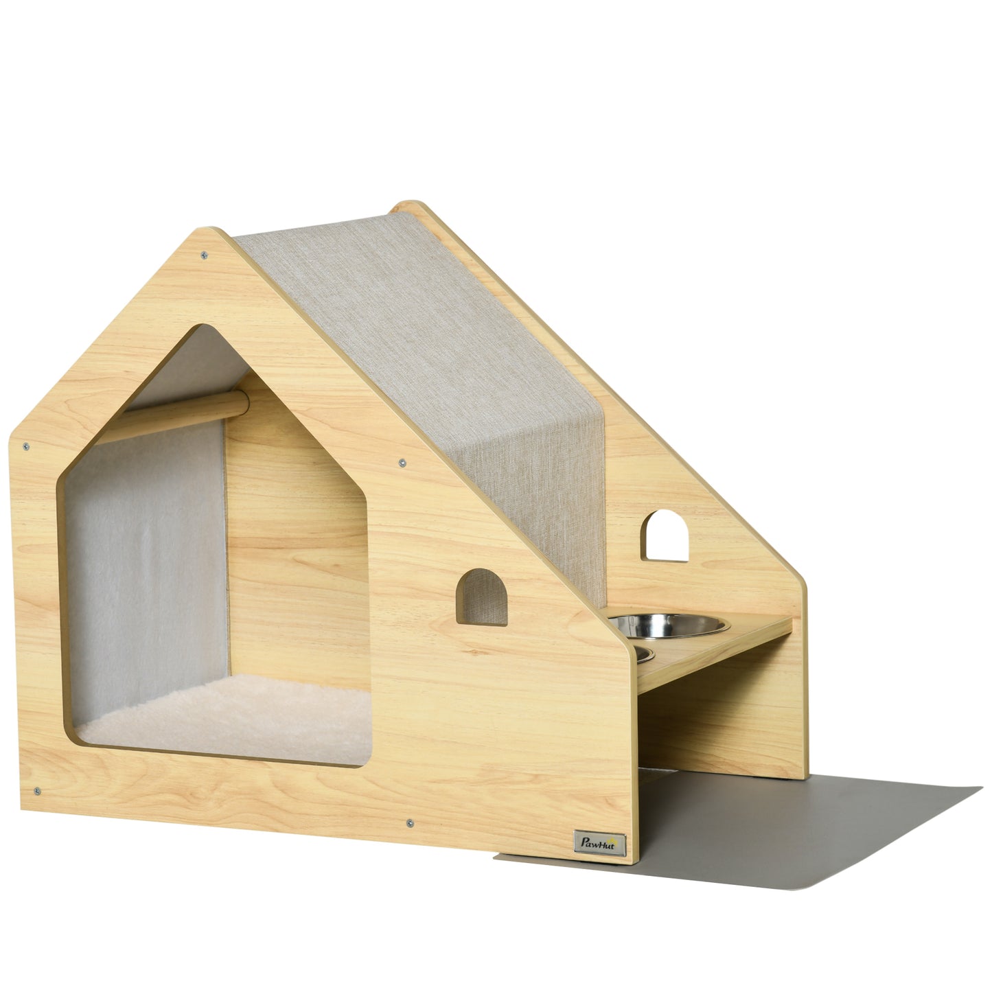 Pawhut Caseta De Madera Para Interior Con Comedero 2 Cuencos Y Cojín 62x40x54cm_0