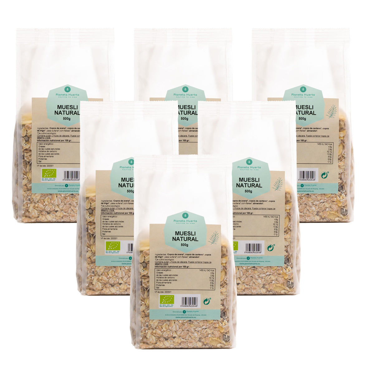 Embalagem de 6 muesli natural com passas ECO Planeta Huerto 500 g