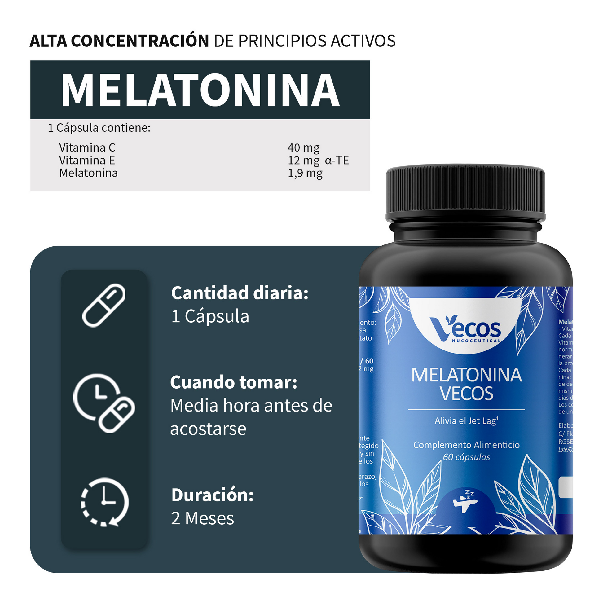 Melatonina 1,9 Mg Vecos 60 Cápsulas | Conciliar El Sueño Y Descanso | Con Vitaminas C Y E_2