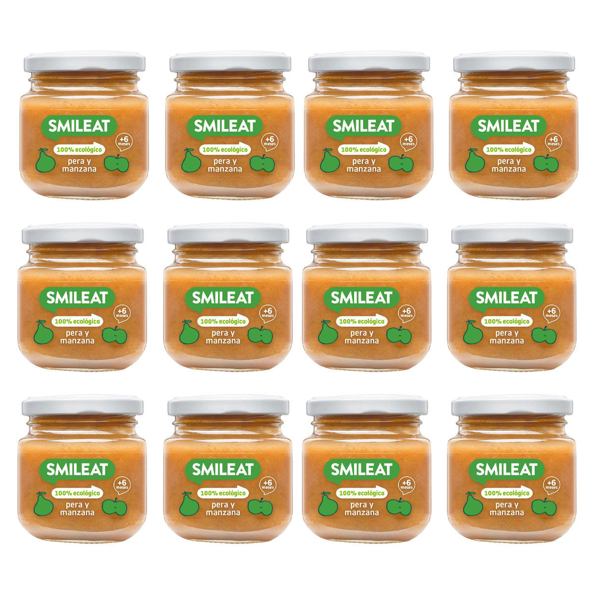 Embalagem de 12 frascos de pêra e maçã biológica Smileat +6 meses, 130g