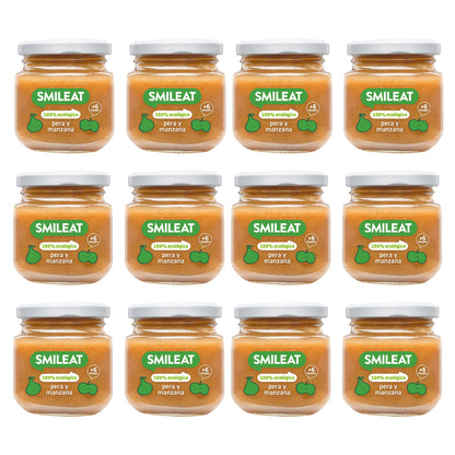 Embalagem de 12 frascos de pêra e maçã biológica Smileat +6 meses, 130g