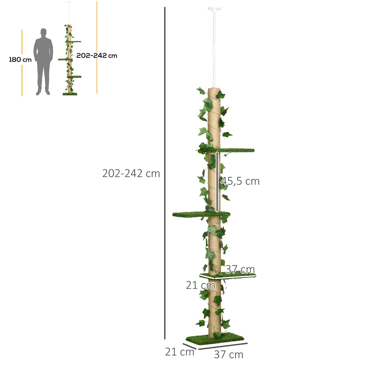Pawhut Árbol Para Gatos Del Suelo Al Techo 37x21x202-242 Cm Con Altura Ajustable_2