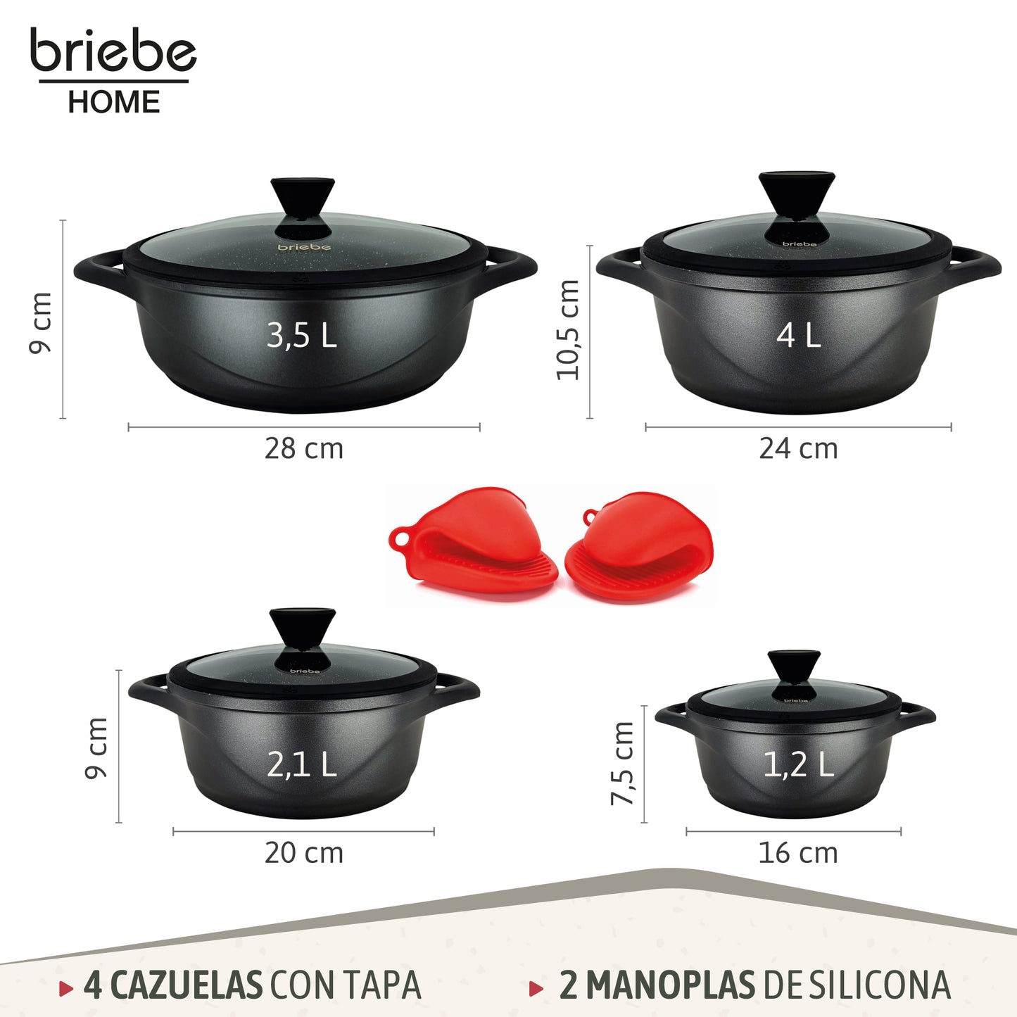Briebe Batería De Cocina Inducción 8 Piezas Aluminio Fundido 4 Ollas Con Tapa De Cristal Antiadherente, Mgk-17s, Negro_2