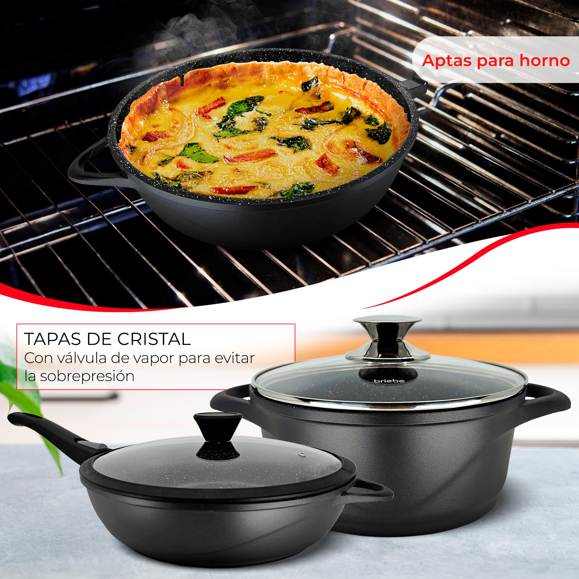 Briebe Batería De Cocina Inducción 10 Piezas Aluminio Fundido 3 Ollas 2 Sartenes Antiadherente Tapas, Mgk1819, Negro_5