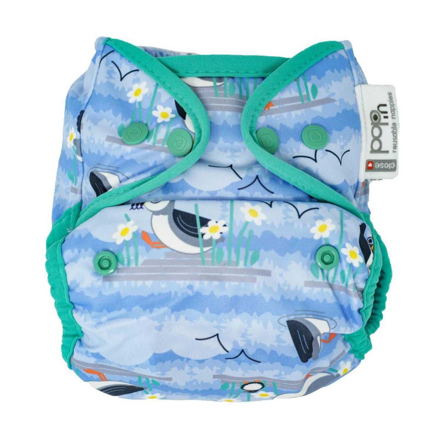 Fralda de pano de bambu pop-in Blue Puffin Close com botões de pressão
