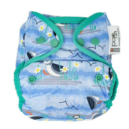 Fralda de pano de bambu pop-in Blue Puffin Close com botões de pressão