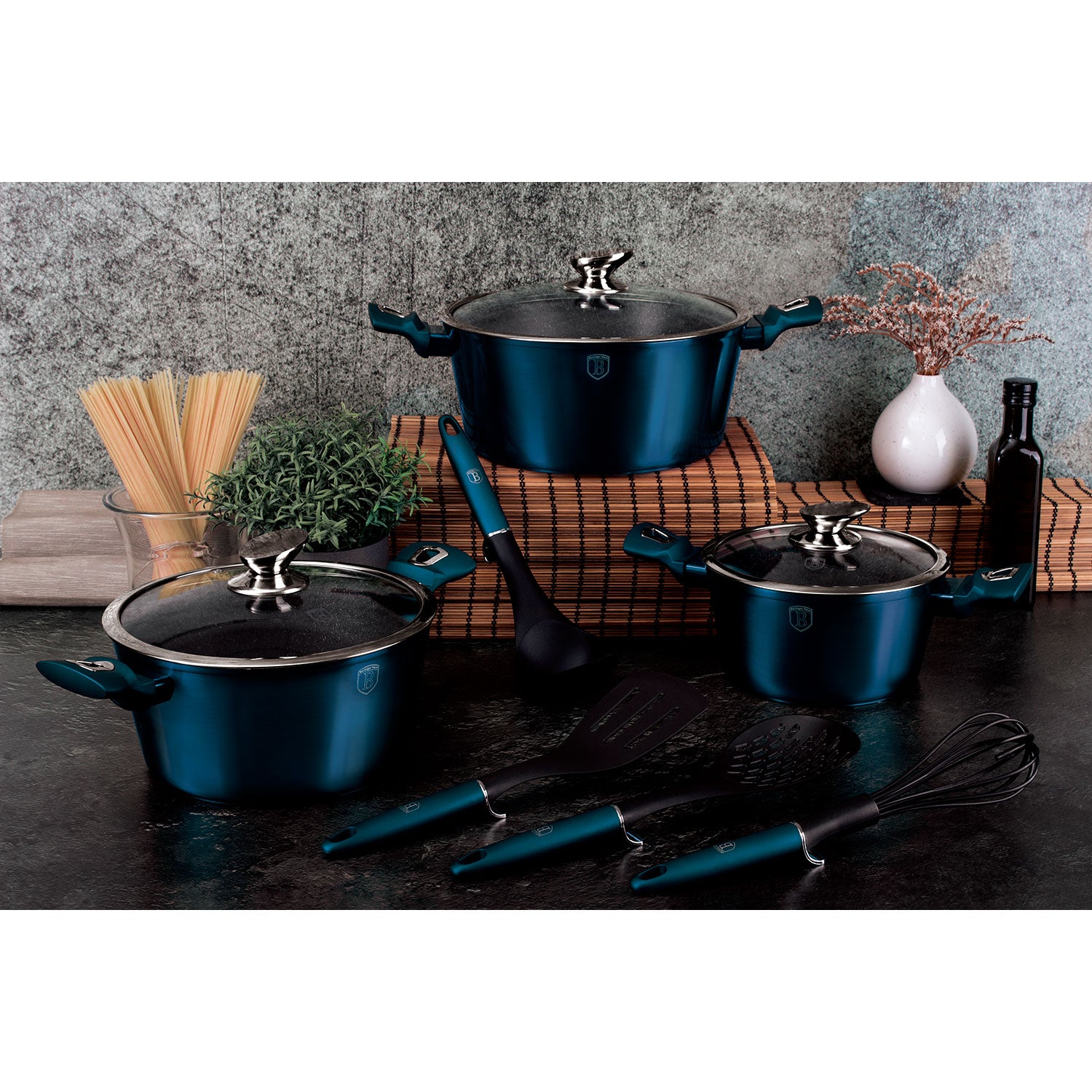 Batería Cocina Inducción 10 Piezas, Antiadherente Mármol Sin Pfoa, Aluminio, Cazuelas Sartenes Berlinger Haus Aquamarine Azul Marino_2