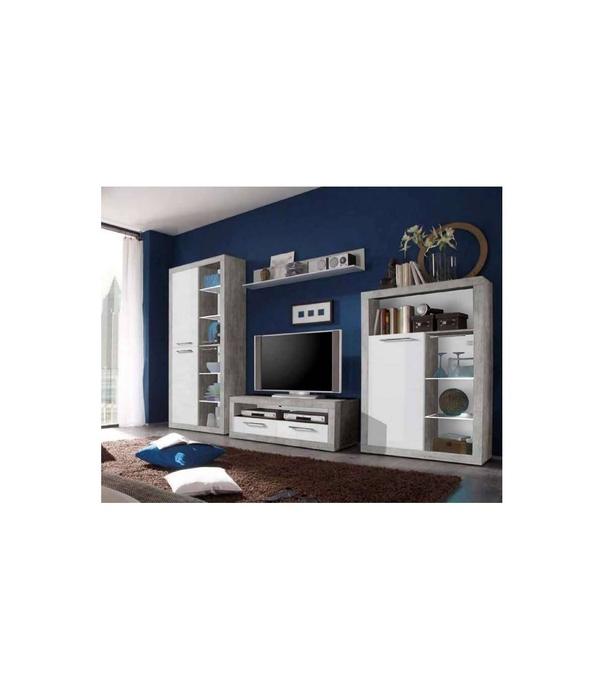 Composición De Salón Almuñecar En Gris Y Blanco Brillo. 220 Cm(alto), 304 Cm(ancho), 46 Cm(fondo)_1