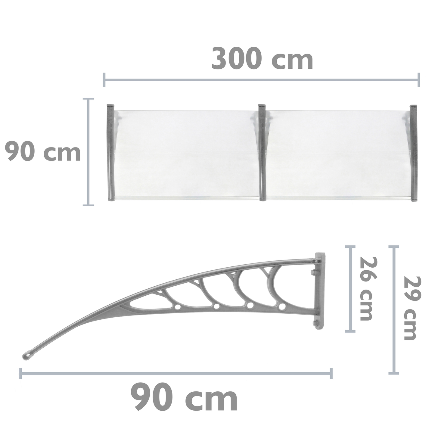 Tejadillo De Protección 300x90cm Marquesina Para Puertas Y Ventanas Gris_1