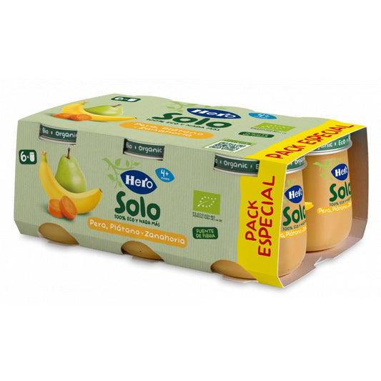 Embalagem de 6 frascos de 120 g de pera, banana e cenoura biológicas - Hero Solo