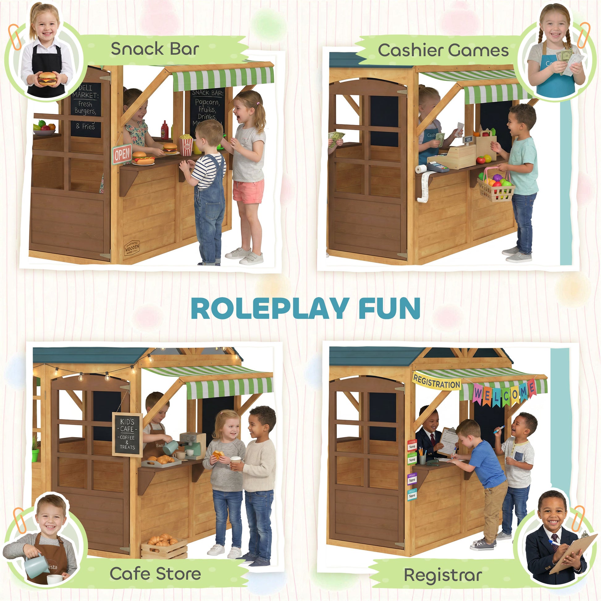 Aiyaplay Casita Infantil Exterior De Madera Con 2 Pizarras Ventanas Natural_3