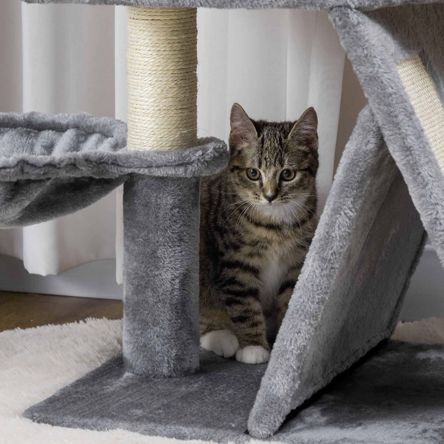 Pawhut Árbol Rascador Para Gatos Altura 111 Cm Cama Cueva Hamaca Bola Colgante_3