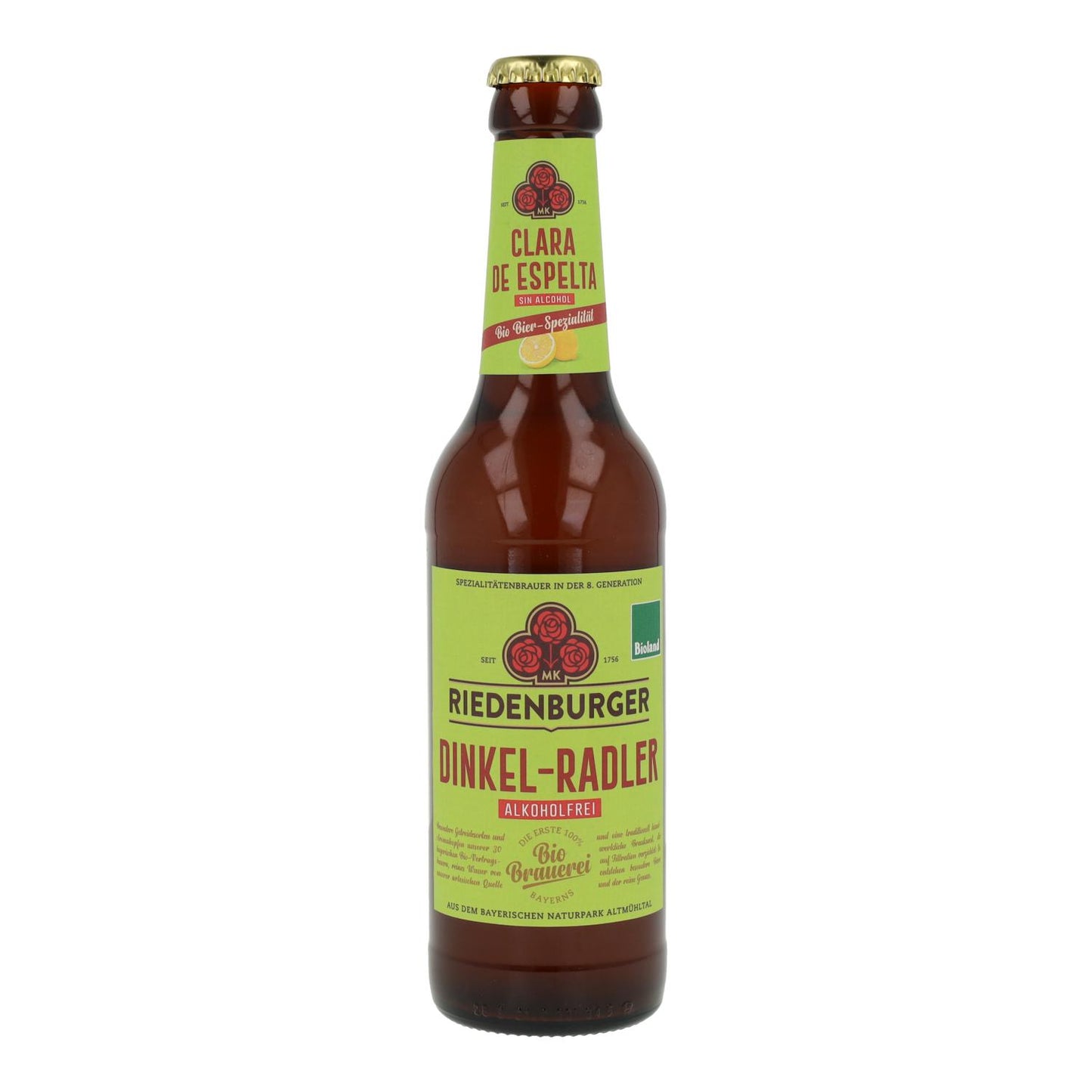 Cerveja de espelta leve sem álcool Riedenburger, 33cl.
