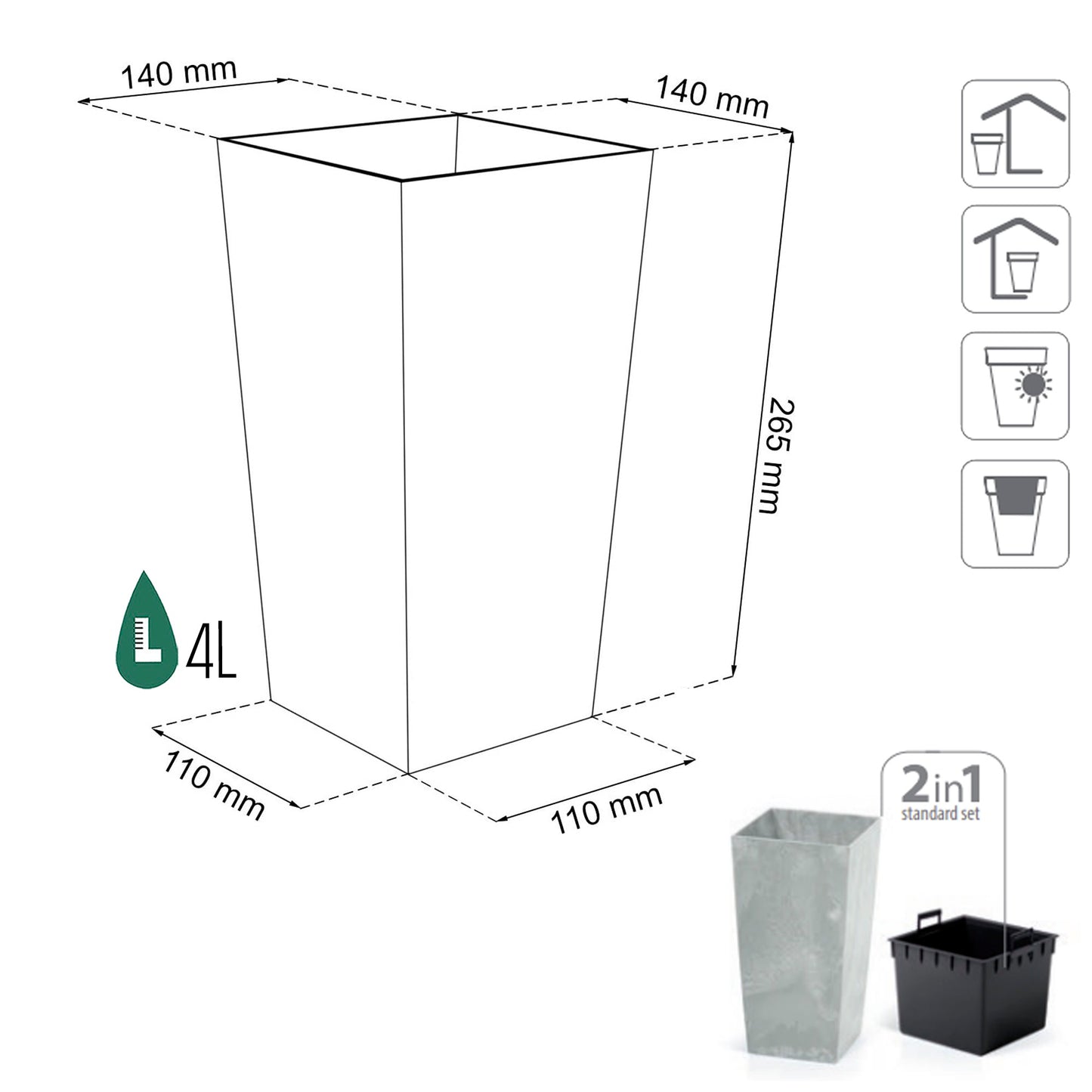 Maceta Urbi Square Beton Effect 4l., Con Depósito, Dimensiones (mm) 140x140x265, Color Antracita_2