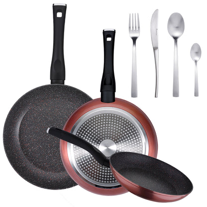 Pack De 3 Sartenes Ø20/24 Y 28 Cms + Set De 16pc De Cubertería En Acero Inoxidable_0
