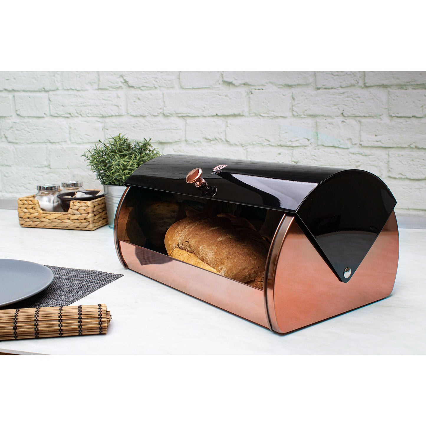 Panera De Mesa Para Guardar Pan Bollería, Tapa Deslizante, Acero Inoxidable, Diseño Moderno Berlinger Haus Black Rose, Oro Rosado/negro_3