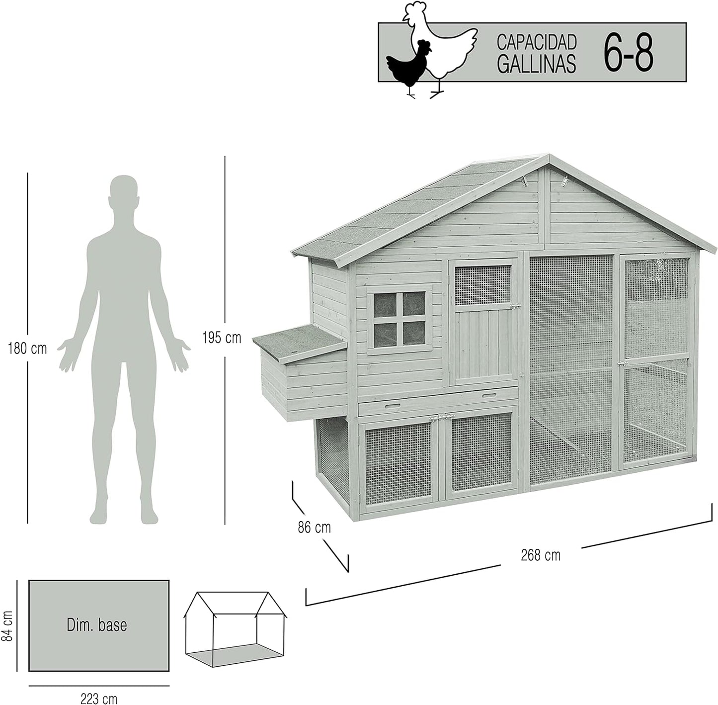 Gran Gallinero Colorado Para 6-9 Gallinas - De Madera Tratada - Almacén, Ponedero Y Parque - 96 X 268 X 195 Cm_1
