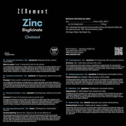 Zinco 25 mg (bisglicinato) alta dosagem zenement 400 comprimidos