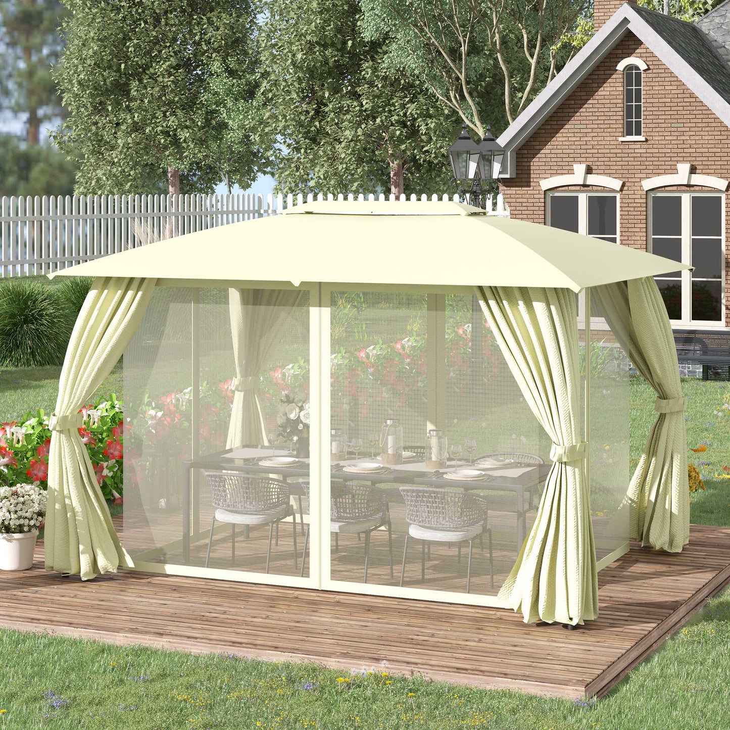 Outsunny Cenador De Jardín 4x3m Con Doble Techo 4 Cortinas Y 4 Mosquiteras Crema_1