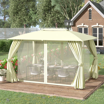 Outsunny Cenador De Jardín 4x3m Con Doble Techo 4 Cortinas Y 4 Mosquiteras Crema_1