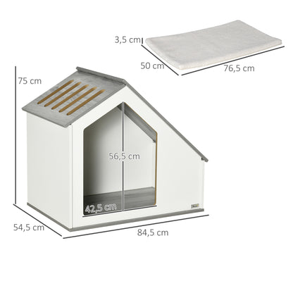 Pawhut Caseta De Madera Para Perros Interior Cojín Lavable 84,5x54,5x75cm Blanco_2