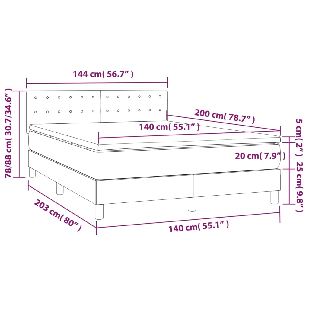 Cama Box Spring Con Colchón Y Led Tela Crema 140x200 Cm / Vetonek_5