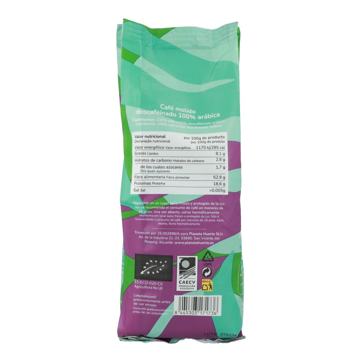 Café moído descafeinado Eco 100% Arábica Planeta Huerto 250 g