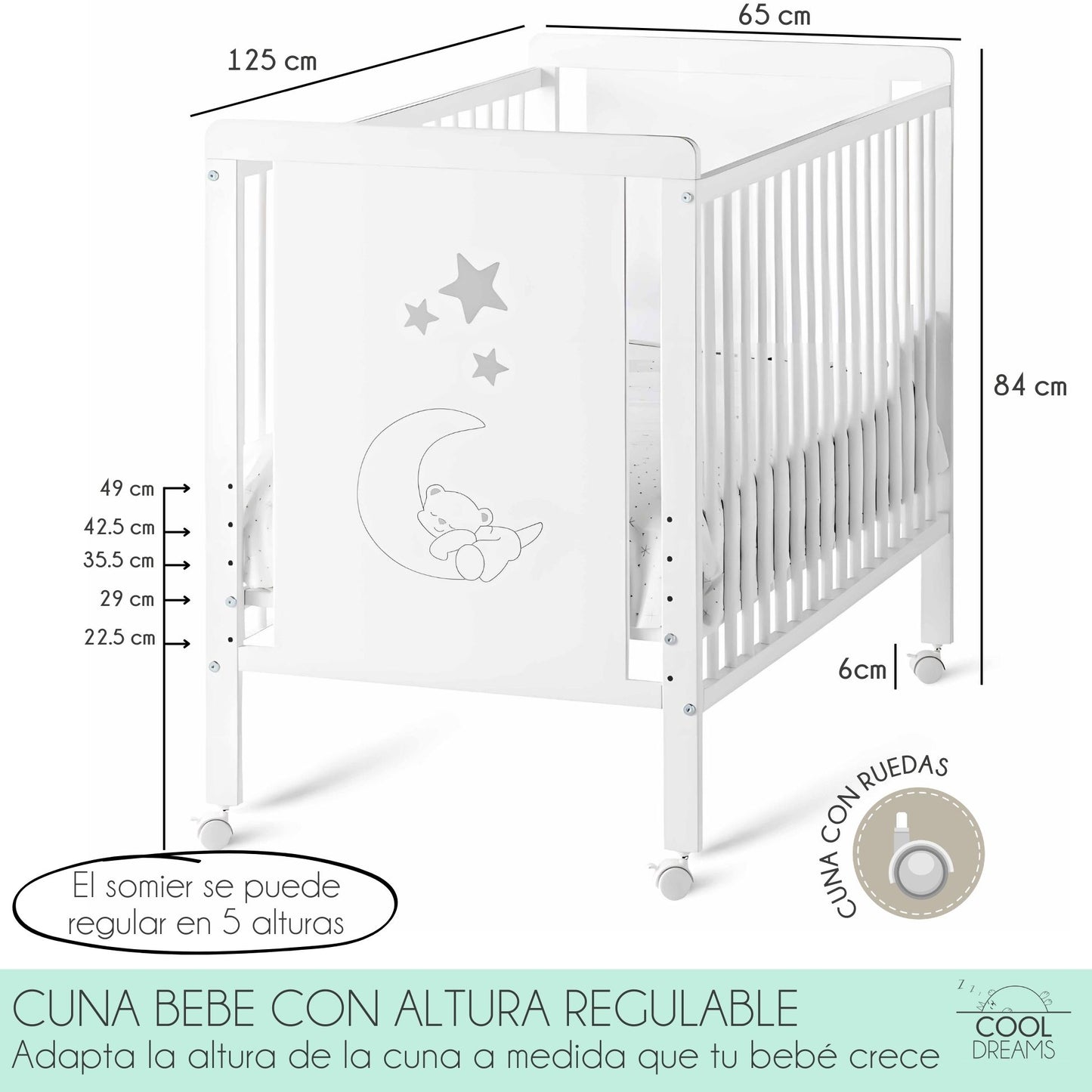 Cuna Colecho De Bebé Indi Estilo Nórdico 120x60 Cm, Con Kit Colecho, 4 Ruedas Y Kit De Barandillas Para Cama Infantil_3