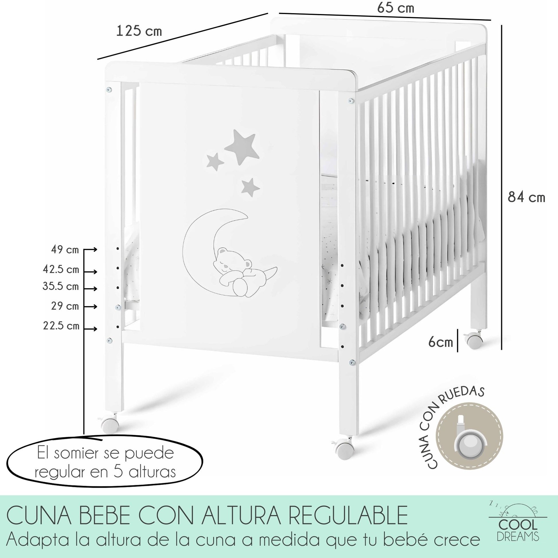 Cuna Colecho De Bebé Indi Estilo Nórdico 120x60 Cm, Con Kit Colecho, 4 Ruedas Y Kit De Barandillas Para Cama Infantil_3