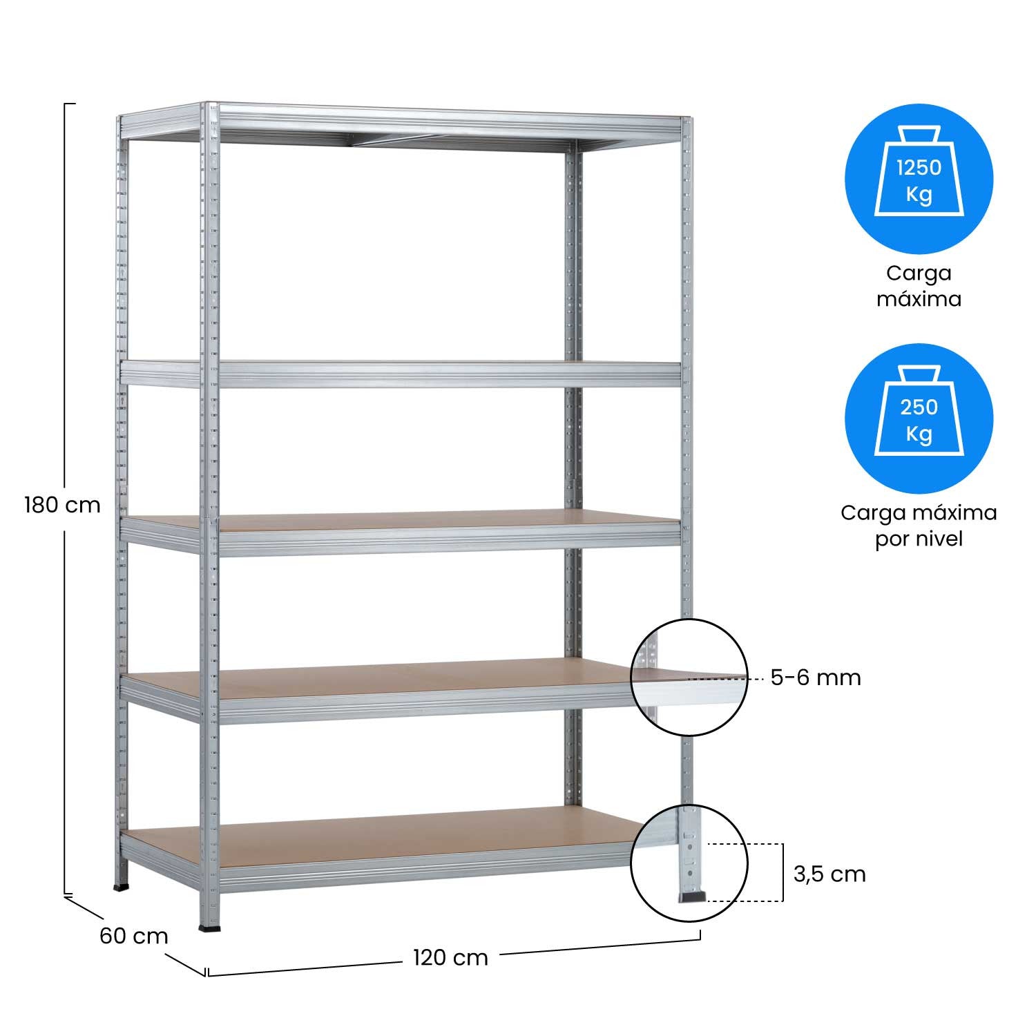 Pack 2 Estanterías Modulares Con 5 Baldas Ajustables 180x120x60cm 1250kg O91_5