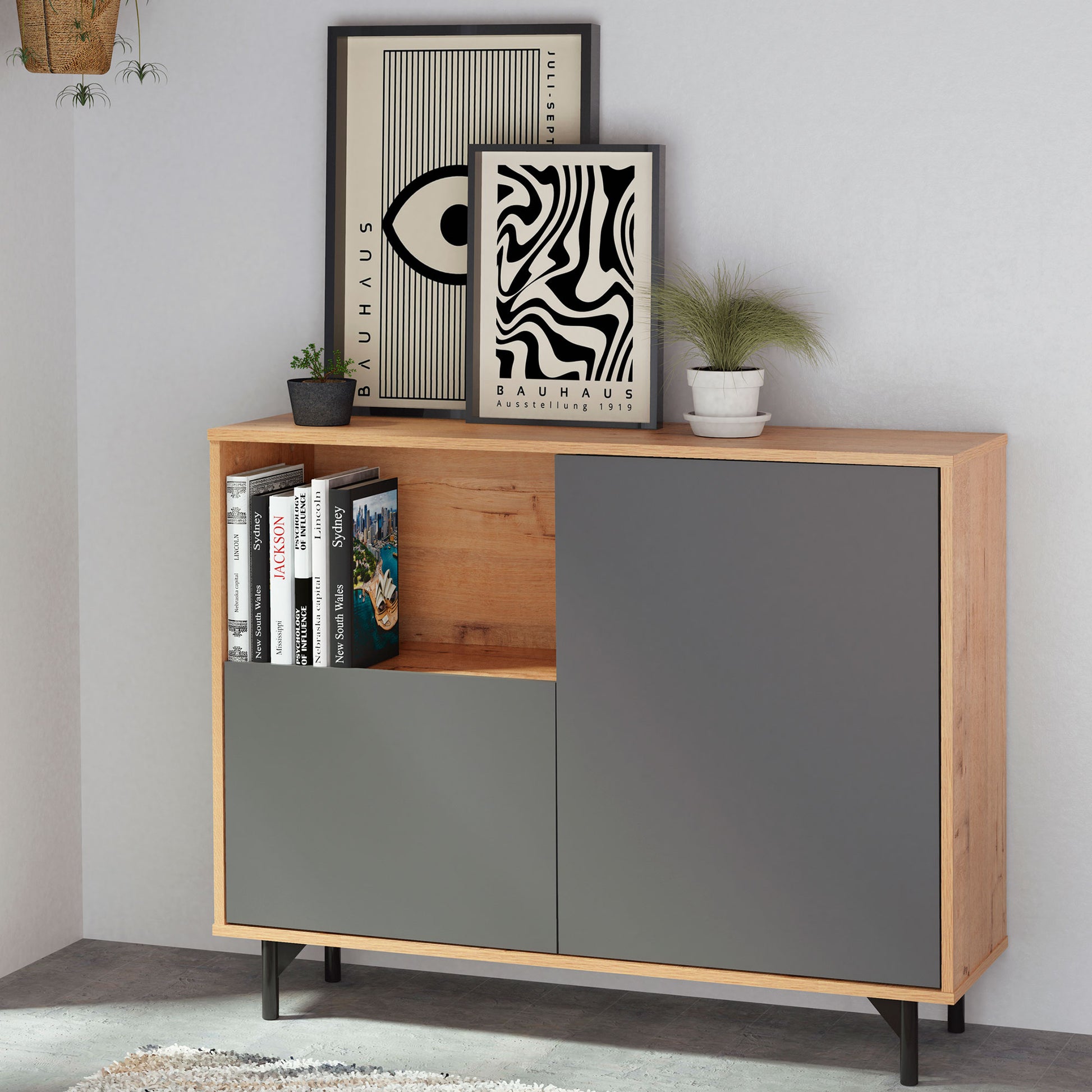 Aparador, Mueble Salón Auxiliar, Buffet, 2 Puertas, 1 Estante 86x112x33 Cm Recibidor Moderno, Briebe, Fokus, Gris_1