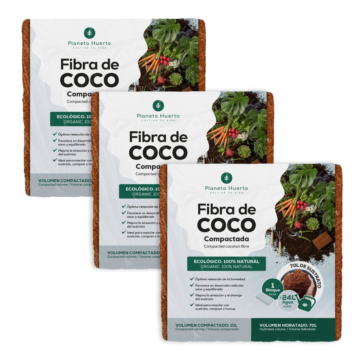 Embalagem com 3 substratos de fibra de coco Planeta Huerto 70 litros 