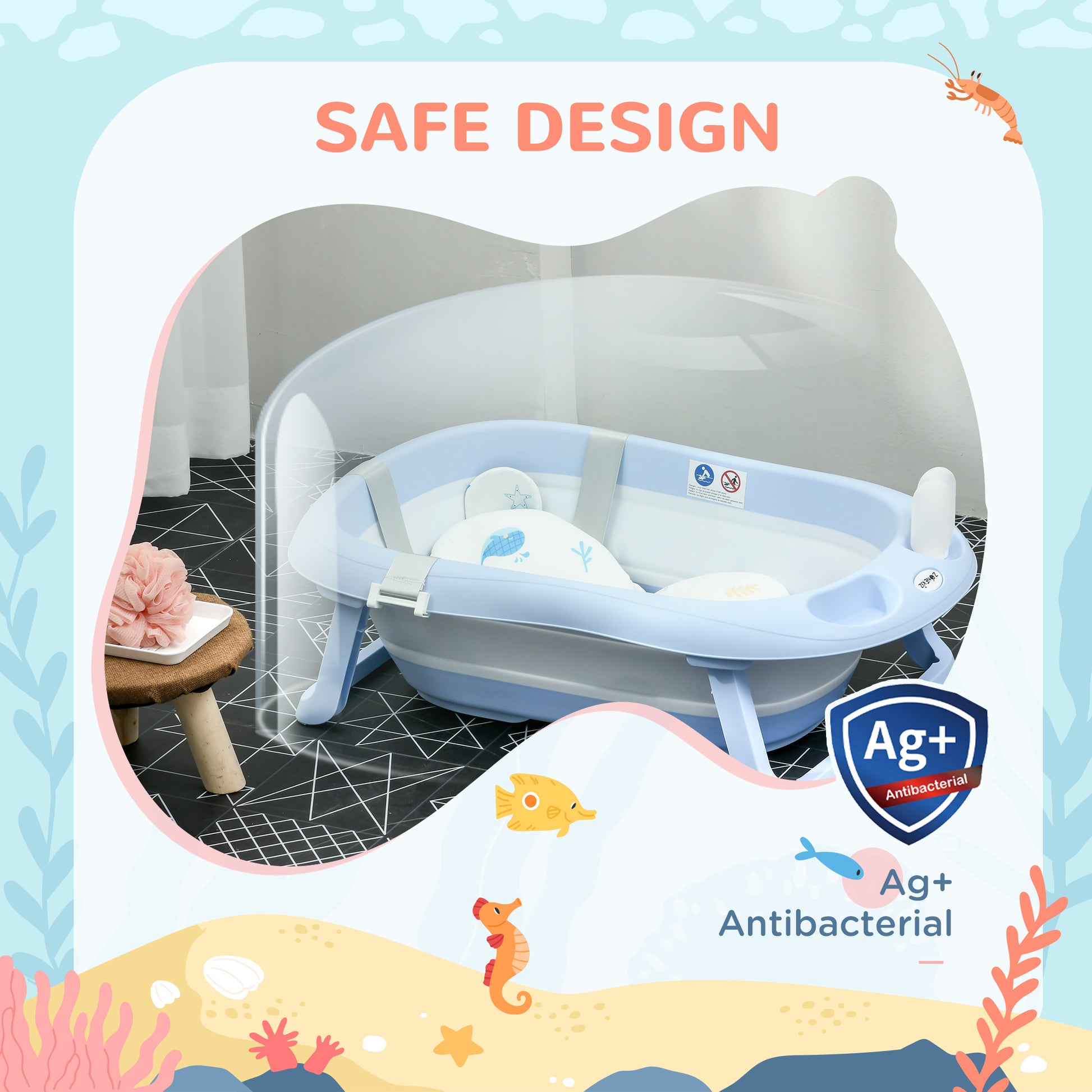 Zonekiz Bañera Plegable Bebé Con Cojín Agujero De Ducha 83x48x23,5 Cm Azul_3