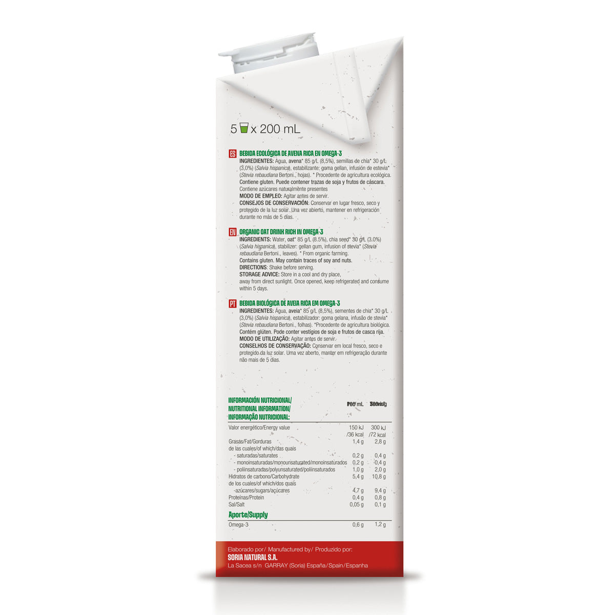 Bebida de Aveia Biológica rica em Ómega 3, Soria Natural, 1L