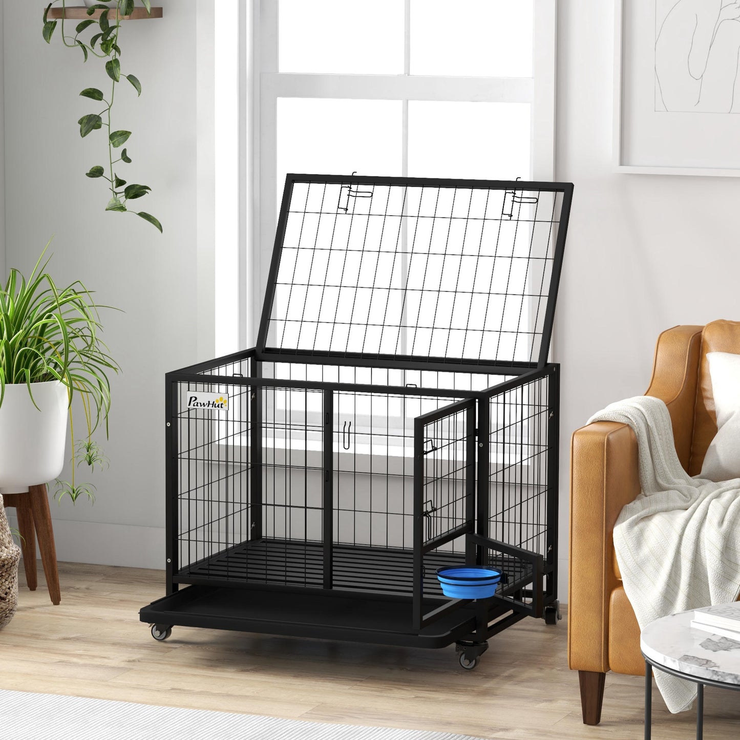 Pawhut Jaula Para Perros Grandes Con Soporte De Cuenco Y Puerta Doble Negro_1