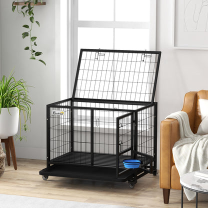 Pawhut Jaula Para Perros Grandes Con Soporte De Cuenco Y Puerta Doble Negro_1