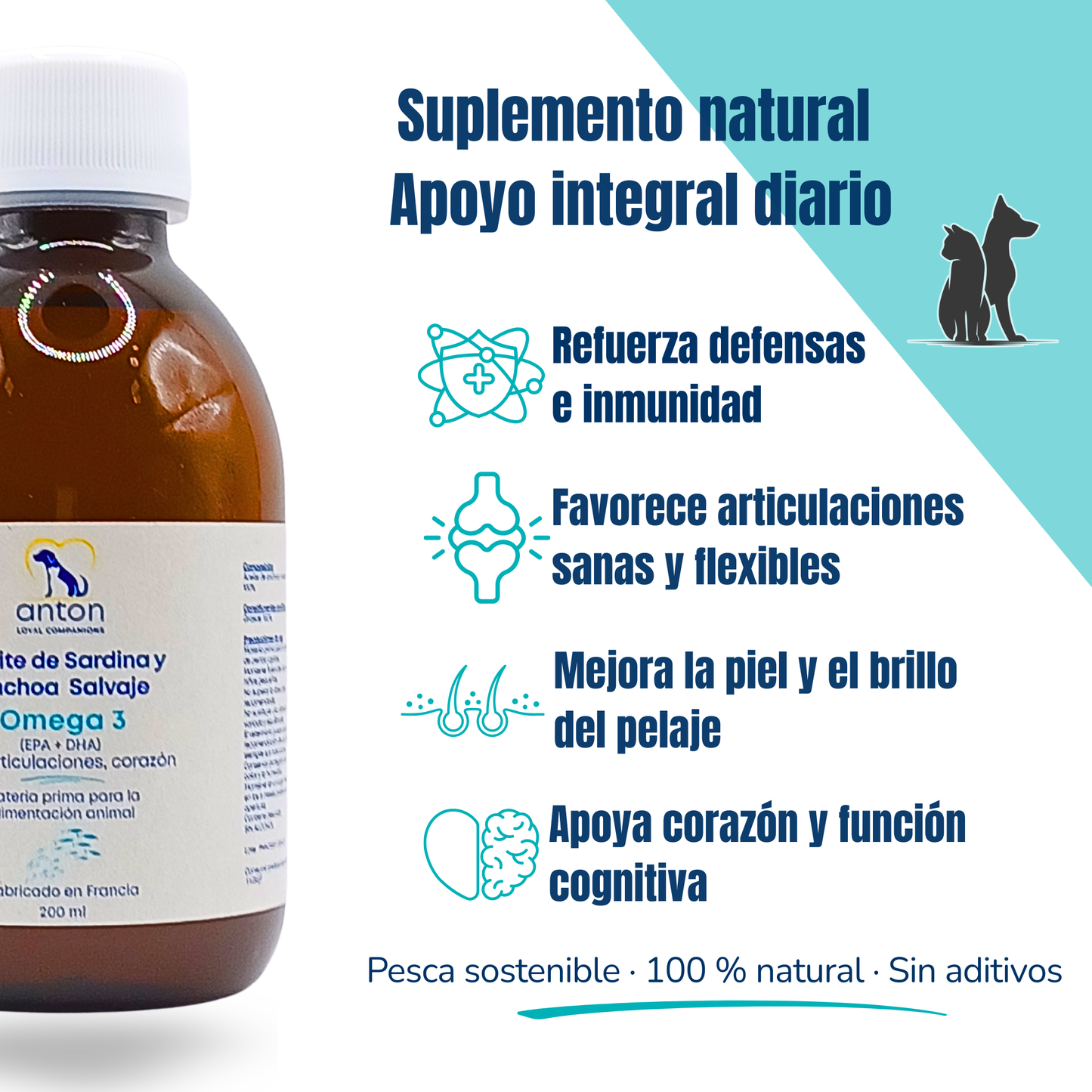 Aceite de sardina y anchoa salvaje con Omega-3 EPA/DHA para perros y gatos – 200 ml