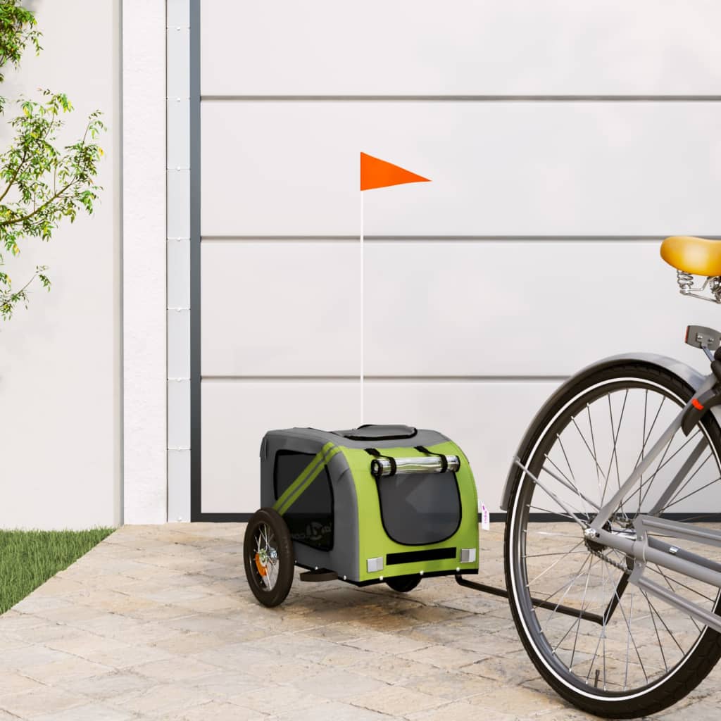 Remolque De Bicicleta Mascotas Hierro Tela Oxford Verde Gris_1