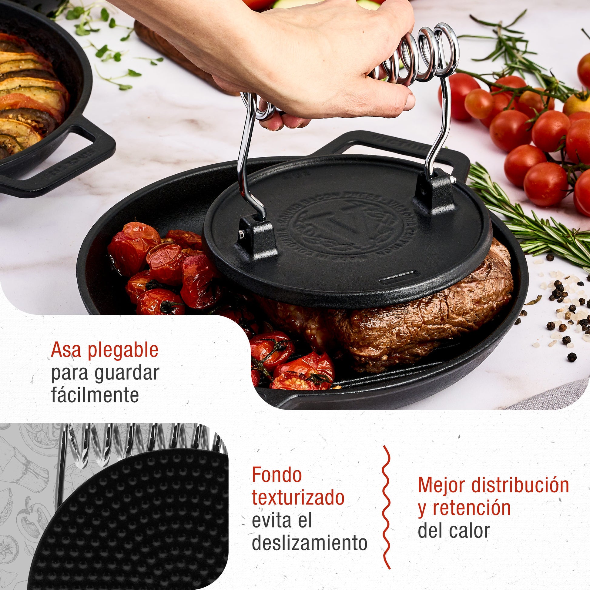 Victoria Prensa Hamburguesas Smash Burger Hierro Fundido Curado 16,5cm Aplastador Carne Para Barbacoa, 34641, Negro_3