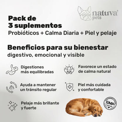 Pack Probiótico + Calmante + Aceite De Salmón Para Perros. Suplementos Mascotas. 360 Masticables. Natuva Pets_1